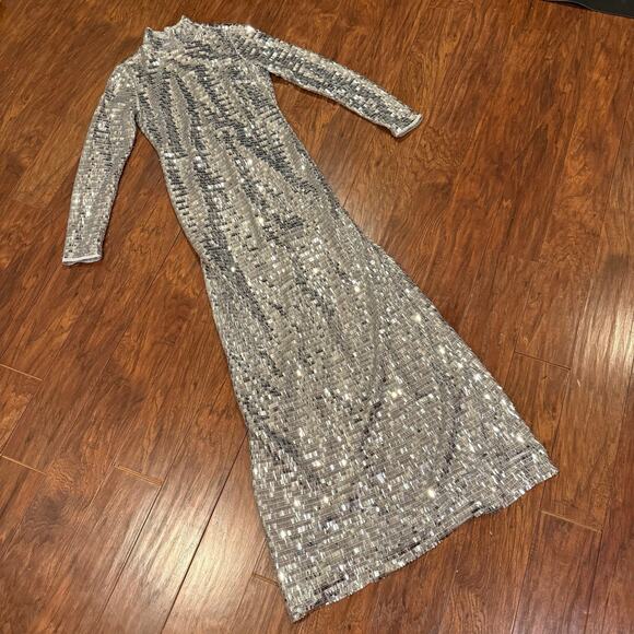 Simon Miller Sequin Sculpty Dress Satellite Silver Satin Maxi Long Sleeve 8 NYE - Picture 7 of 15